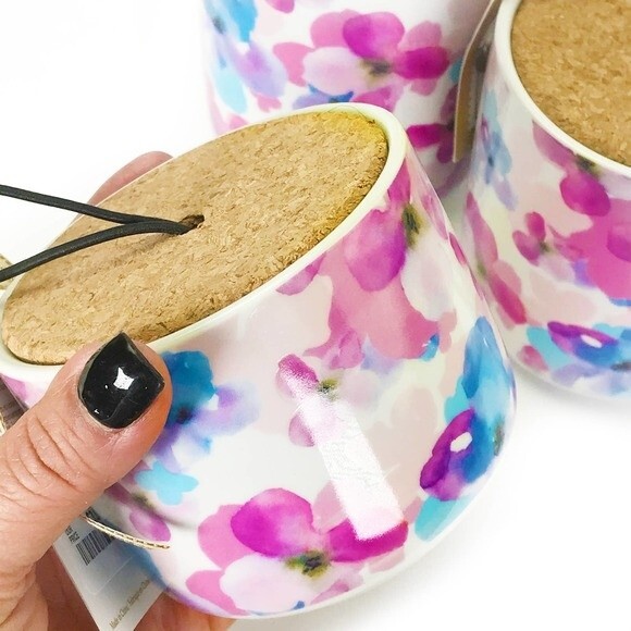 Mimi Premium Collection Ceramic Canister Set w/ Cork Lids Floral Pink Blue NEW! - Picture 2 of 10